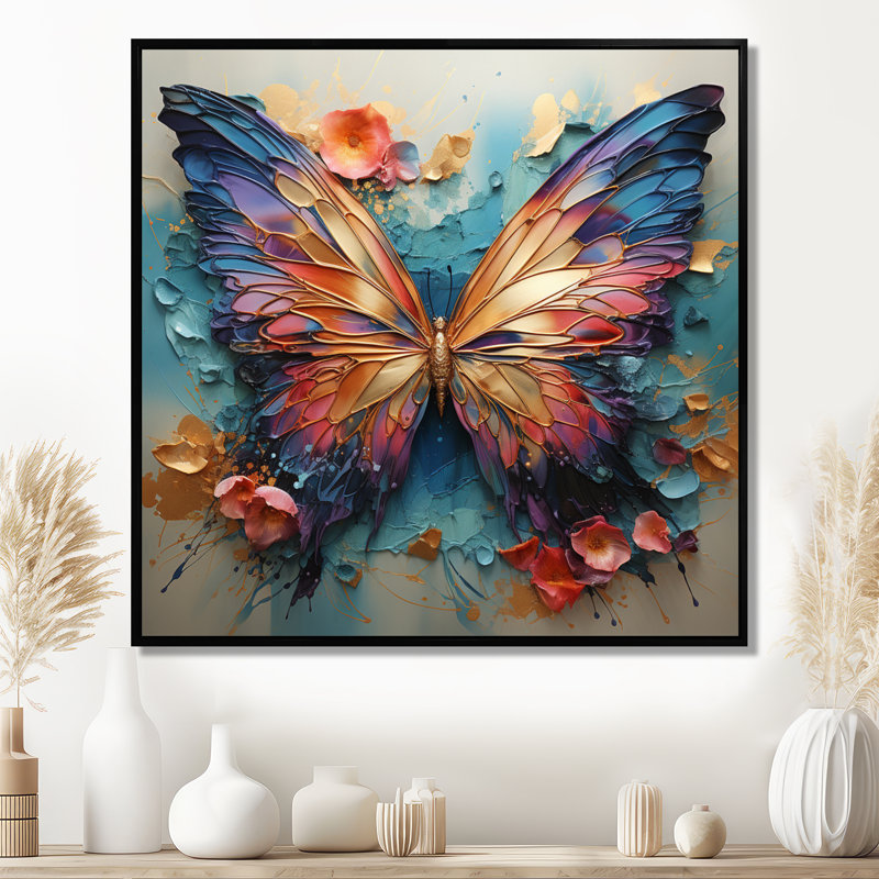 Orange et bleu, papillon métallique - art mural papillon, Noir, H 30 po x l 30 po x P 1 po, Reproduction avec cadre flottant