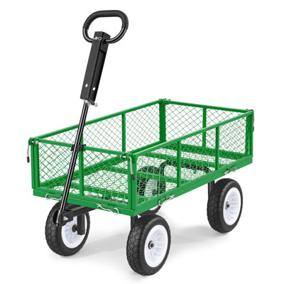 Garden Cart, 900 LBS, Heavy Duty Steel Yard and Garden Utility Wagon with 10-Inch Tires, Outdoor Gardening Stool with Adjustable Handle, Detachable Side Panels, Attach to ATV or Tractor, Green