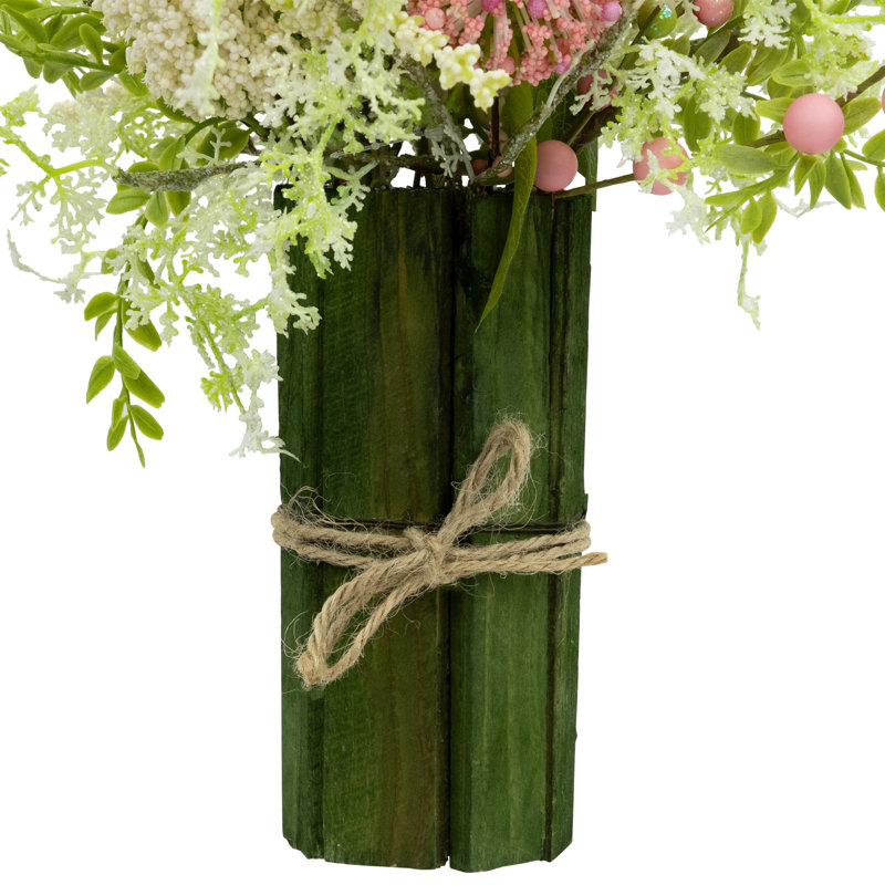 Pink and White Hydrangea Bouquet in Green Wooden Vase with Jute Rope