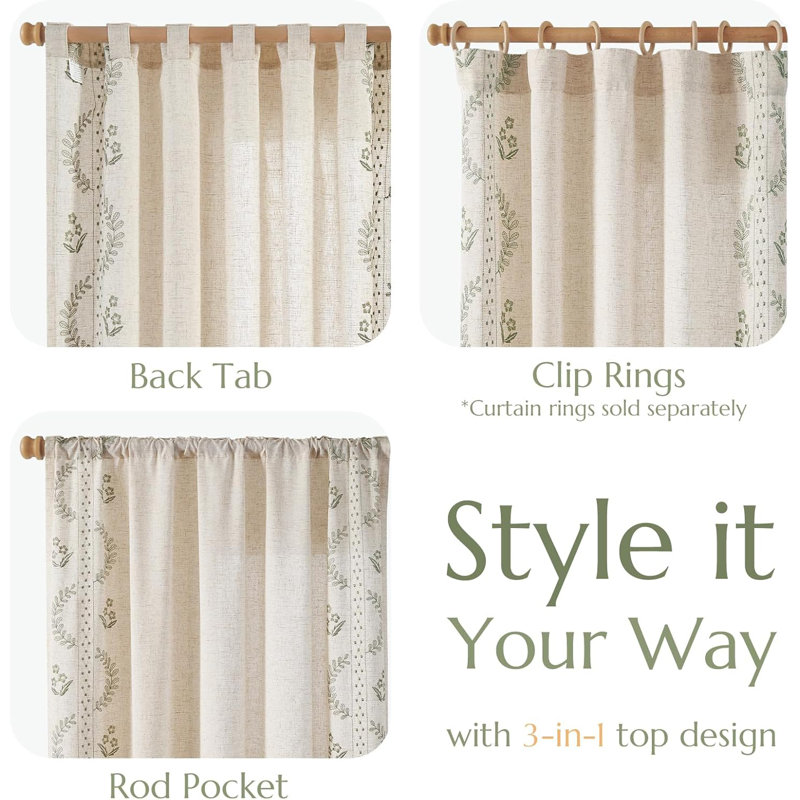 Linen Blend Embroidered Curtains Farmhouse Flower Patterned Curtains for Bedroom, Sage, 50" W x 84" L