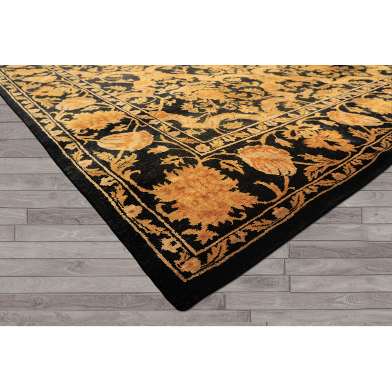 Tapis tibétain noué à la main en laine noire et beige de style transitionnel, 2,69 m x 3,28 m