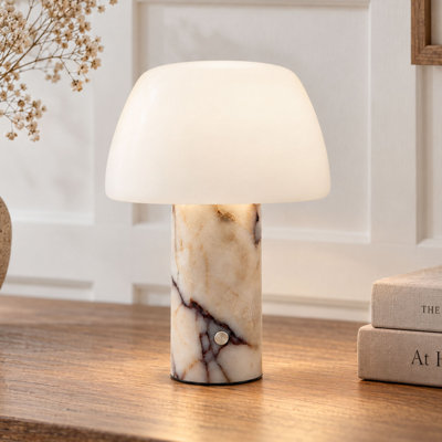 Rechargeable Cordless Marble Table Lamp with Frosted Glass Shade, Touch Control & Dimmable Warm Light