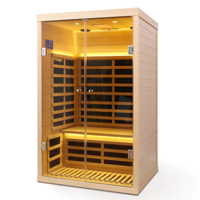 Infrarouge lointain pour deux personnes avec bois de pruche à gauche et à l'avant, faible, 760 W, bande à onde stable, chauffage au cristal de carbone sans rayonnement, 8 15 minutes de réchauffement rapide, plage de température de 25 à 65 degrés