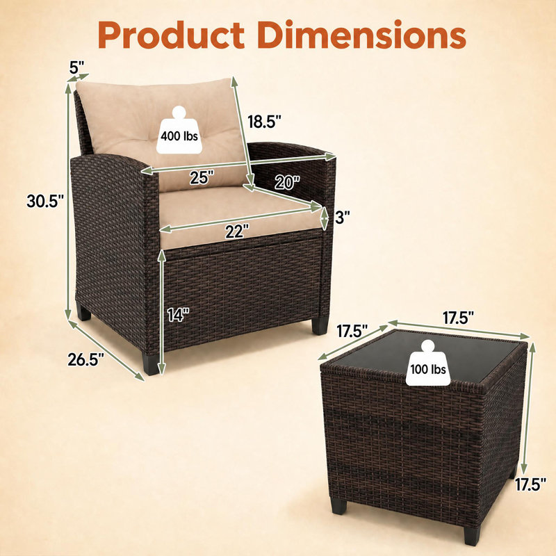 Chunn Wicker 2 - Person Patio Conversation Set with Cushions, Beige, Brown