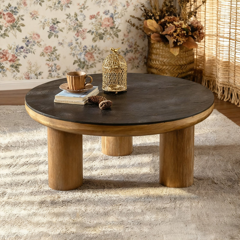 Table basse ronde en bois manufacturé noir Retro, H 15,16 po x L 35,43 po x l 35,43 po
