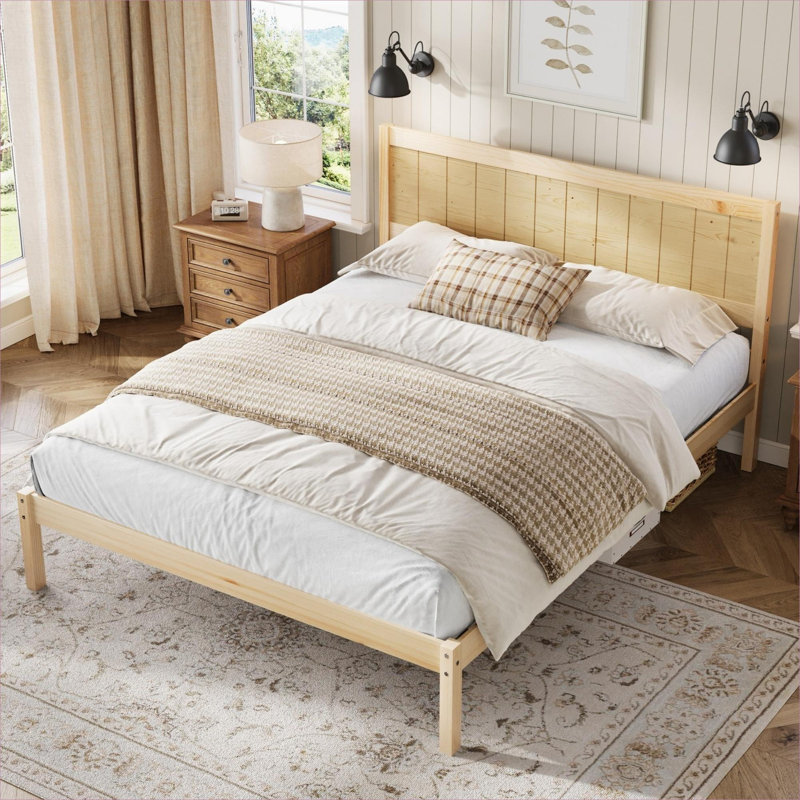 Light Natural King Solid Pine Platform Bed, Wood Frame with Headboard, Wood Slat Support, No Box Spring Required