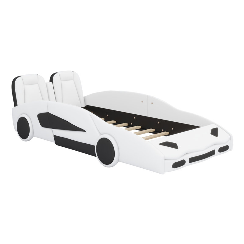 Race Car-Shaped Platform Bed With Wheels, White