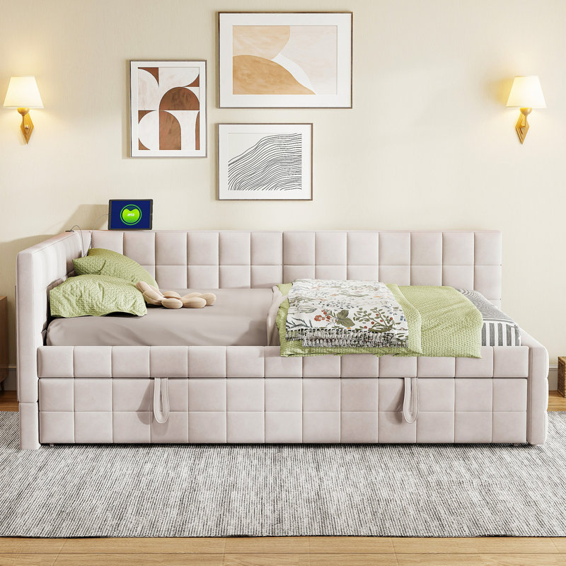 Full Size Upholstered L-Shaped Upholstered Daybed With Twinsize Pop Up Trundle And USB Ports, Beige
