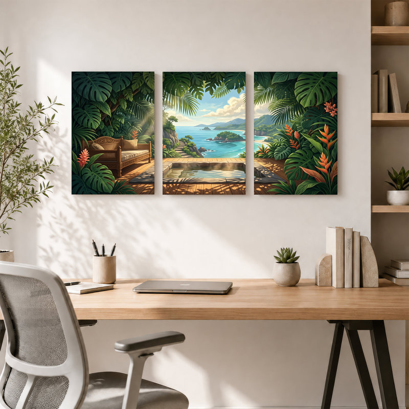 Ensemble de 3 toiles tropicales avec vue sur l'océan et Monstera, H 18 po x l 12 po x 3 pièces