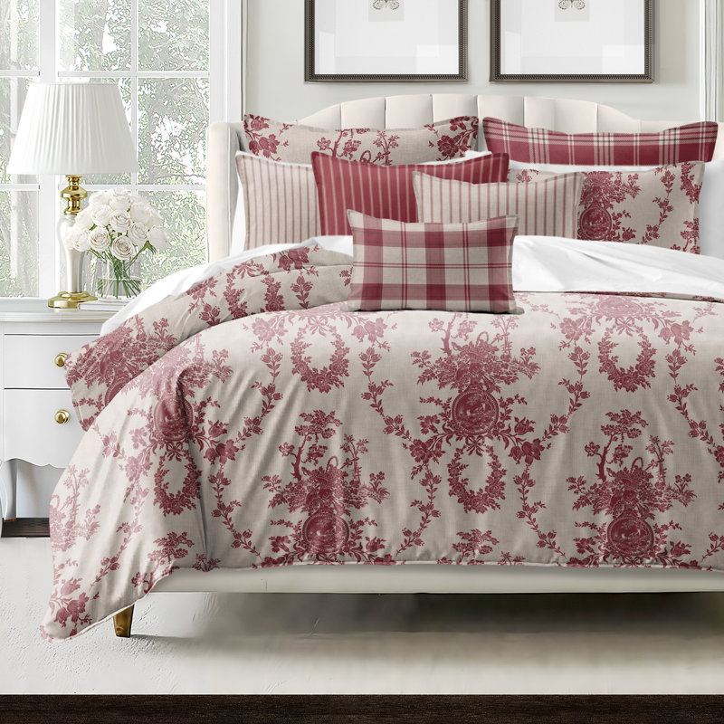 Country Lane Toile Crimson Cotton Duvet Cover Set  8 Piece, Queen Duvet Cover + 7 Additional Pieces