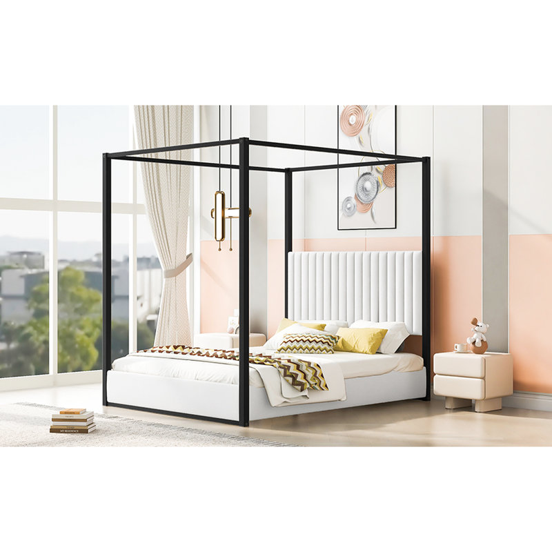 Grand lit à baldaquin blanc avec tête de lit tapissier et structure en métal - Bois de pin massif, conception à 4 affiches pour une chambre à coucher glamour, tête de lit à installation rapide, décor suspendu, rembourrage en mousse confortable