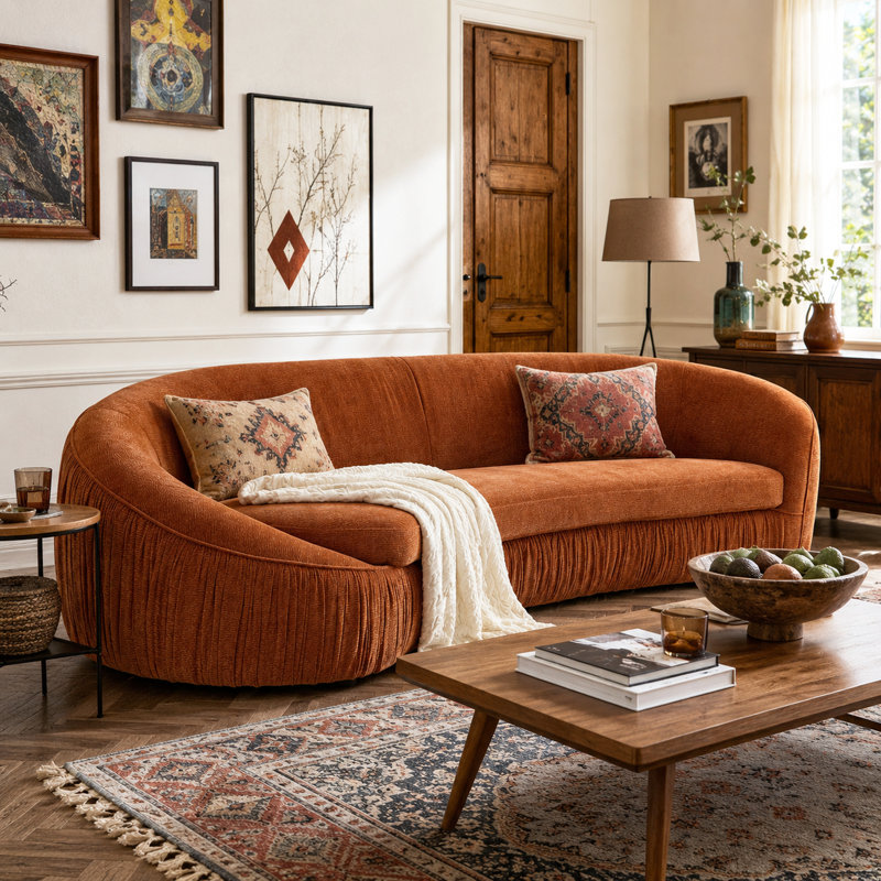 92" Mid Century Modern Curved Living Room Sofa, 4-Seat Polyester Fabric Couch, Orange