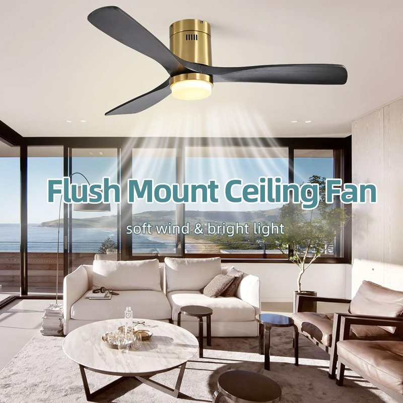 52 Inch Flush Mount Ceiling Fan with Lights and Remote, Gold, Black