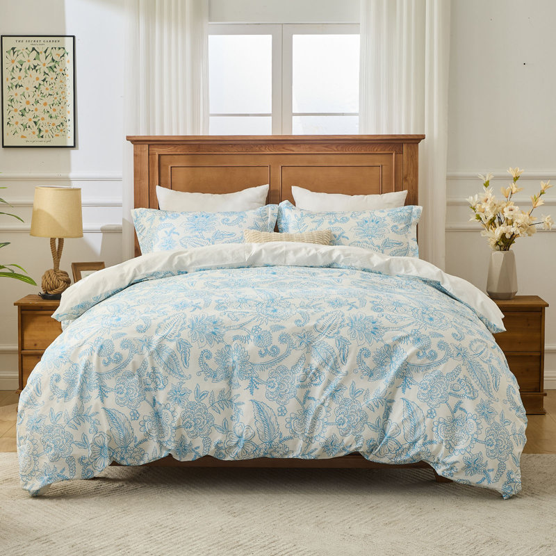 Kingrest Luxury 100% Cotton Queen Duvet Cover Set Floral Printed, Soft & Breathable 3 Pieces Queen Bedding Sets, Pattern Queen Comfy Duvet Cover Set with Zipper Closure