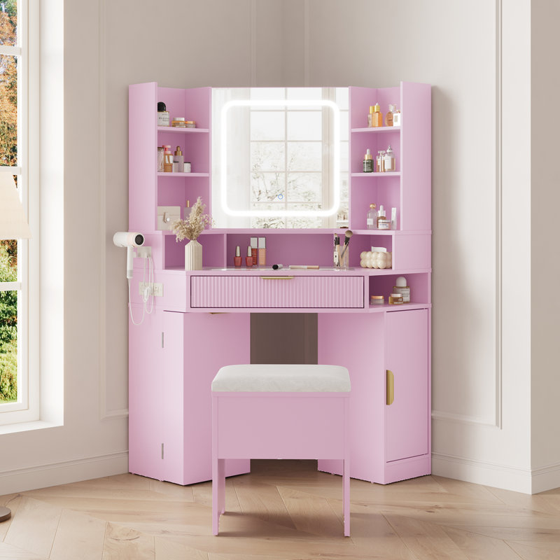 Bureau de coin de meuble-lavabo avec miroir et lumières, espaces de rangement multiples, plateau en verre, station de charge, lumière DEL à intensité variable, commande tactile, tiroirs spacieux, casier ouvert, pour chambre à coucher, rose