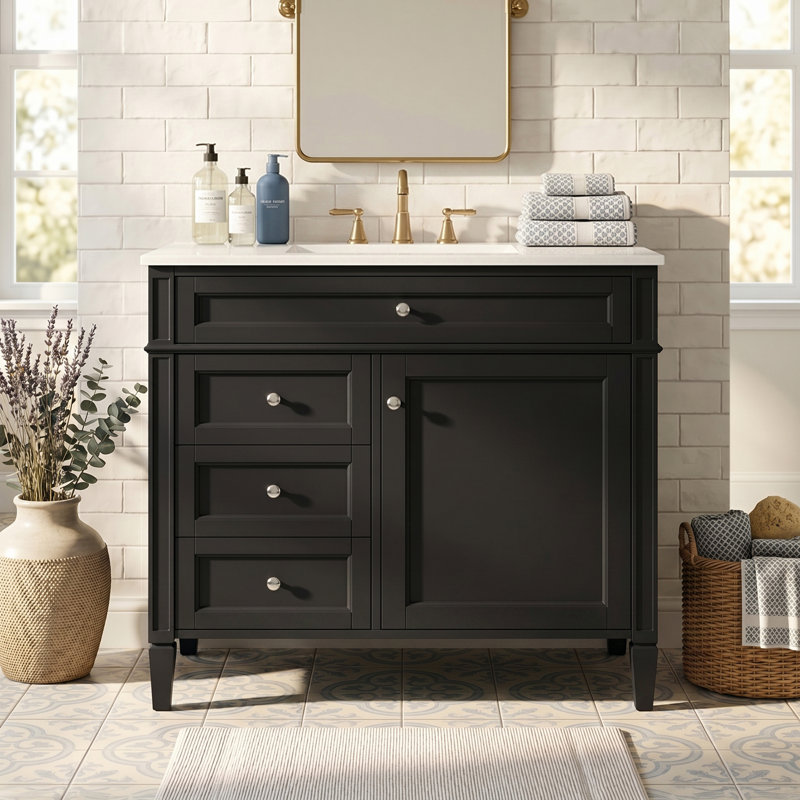 Meuble-lavabo autoportant 36 po en bois aggloméré avec lavabo en céramique blanc, armoire de salle de bain noire avec 2 tiroirs, tablettes de porte réglables et tiroir basculant