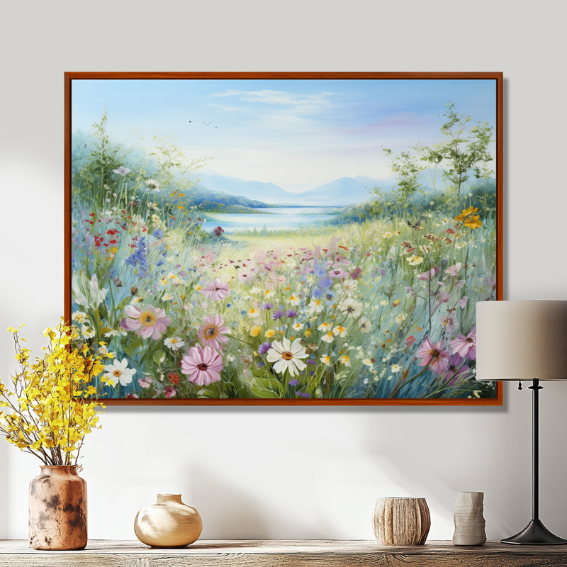 Simplity Wreath Green Flower Field - Art mural grand champ de fleurs, 12" H x 20" W, Cadre flottant brun