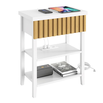 White Fluted Nightstand with Charging Station, Modern Farmhouse Bedside Table with Drawer and 2 Storage Shelves