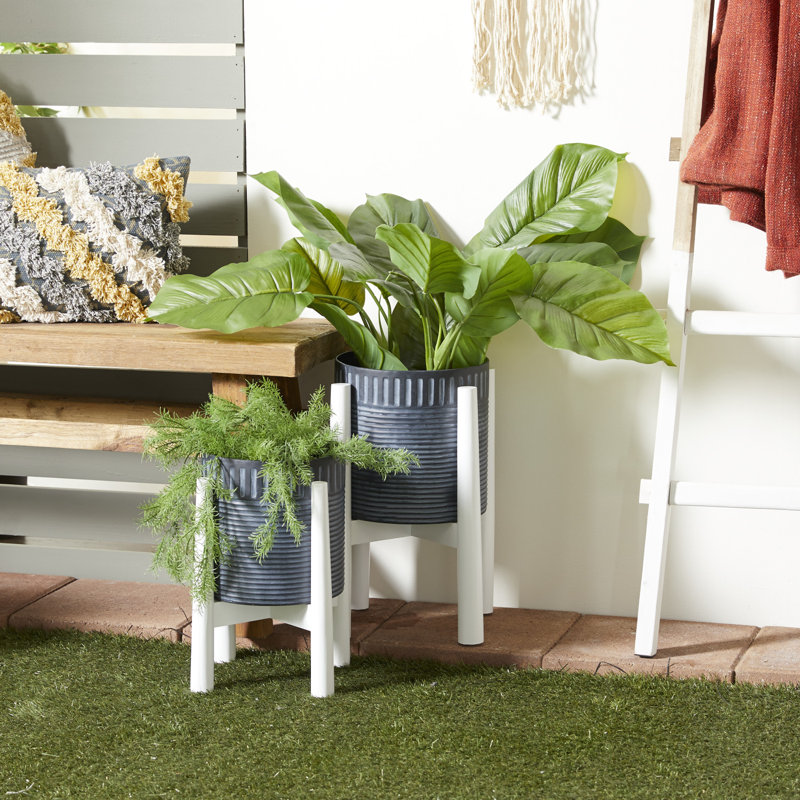 2 Piece Metal Indoor Outdoor White Planter with Removable Wood Stand Set, Black