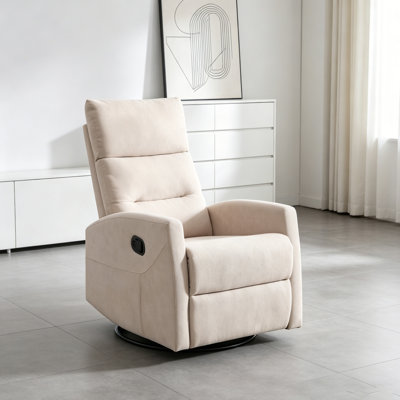 Manual Swivel Rocking Recliner Chair, Beige Fabric Upholstered for Living Room
