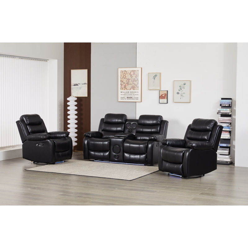 Ivy Bronx Faux Leather Manual Reclining Sofa Set with LED Lights ...