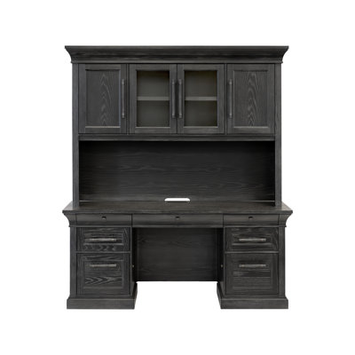 Traditional Wood Executive Desk, Office Storage Hutch with Doors, Black