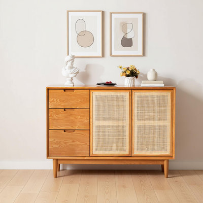 Solid wood and cane woven storage sideboard