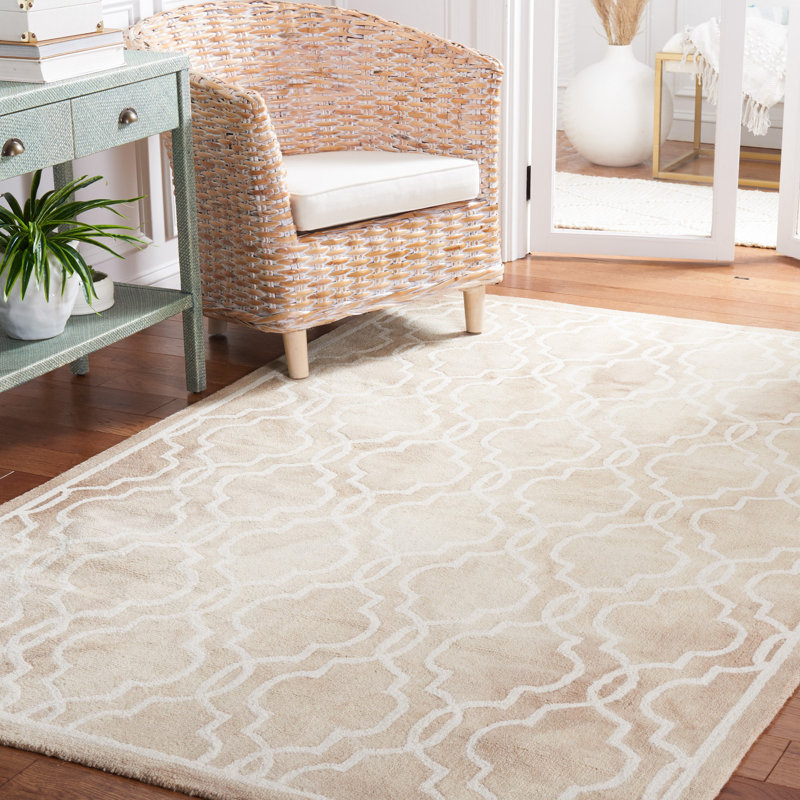 Tapis beige / ivoire touffeté à la main à motif géométrique, Rectangle 5 pi x 8 pi