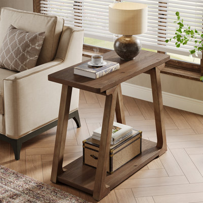 Farmhouse Narrow Rectangle Side Table, Solid Wood End Table With 2-tier Storage