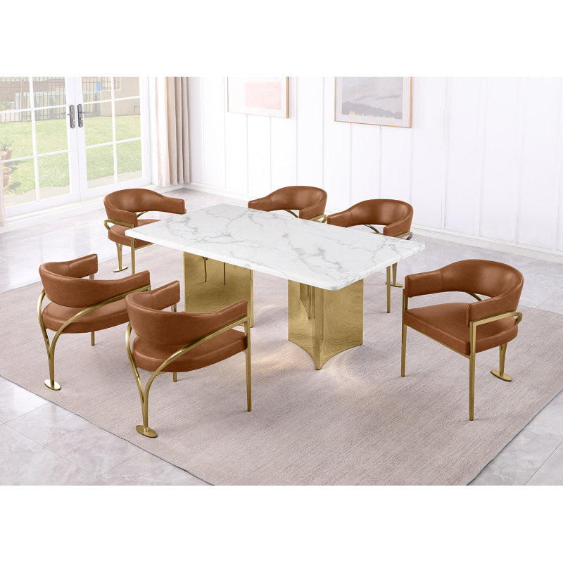 Ensemble de salle à manger en marbre blanc Grand avec chaises d'appoint Leathaire, H 30 po x L 72 po x l 40 po, Caramel