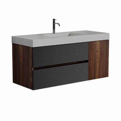 Meuble-lavabo mural 48 po - Noyer et noir, lavabo à surface solide blanc brillant