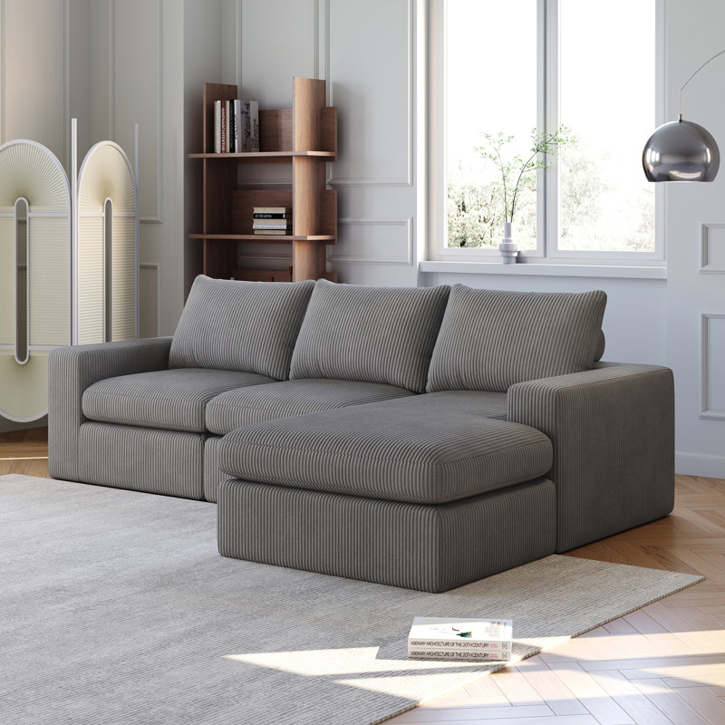 Canapé modulaire rembourré en L, Velours côtelé gris