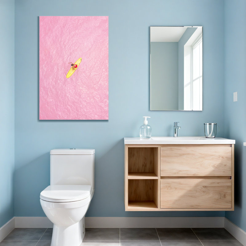 Paysage et nature fond rose avec kayak jaune et tenue rouge, H 24 po x l 16 po