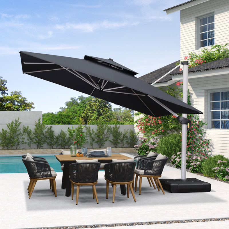 Parasol d'extérieur carré en porte-à-faux double 12 pi avec base et housse de parasol, gris, Gris