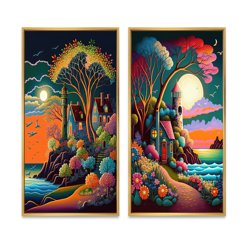 «Pleine lune dans un style moderne de vecteurs» - 2 pièces, Encadrement doré, H 40 po x l 40 po