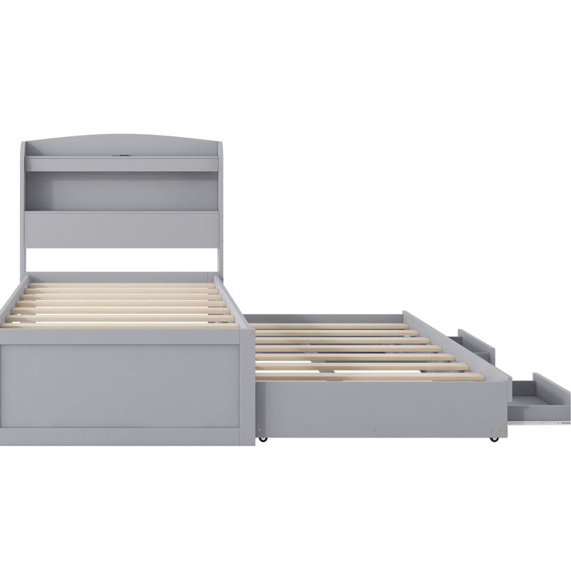 Twin Xl Size Bed With Generous Storage, Led Headboard & Charging Outlet Loads Of Storage Facilities,, Gray