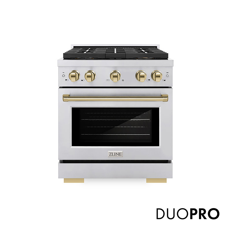 ZLINE Autograph Edition 30 in. 4.2 cu. ft. Paramount Gas Range W/ 4 Burner DuoPro Cooktop and Convection Gas Oven in Stainless Steel W/ White Matte Door and Champagne Bronze Accents