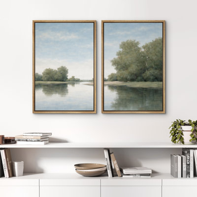 «Serene River Landscape with Green Trees Reflection», reproduction d'art sur toile encadrée, 2 pièces