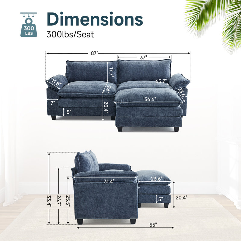 85.4 In'' Multi-Layer Cushion Loveseats With Ottoman, Blue Chenille