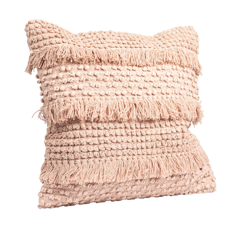 Pale Pink Cotton Fringe Square Throw Pillow