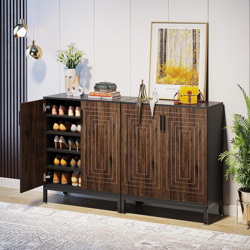 Armoire à chaussures 31,5 pouces en bois brun et noir avec portes, range-chaussures 5 niveaux, Brun / Noir