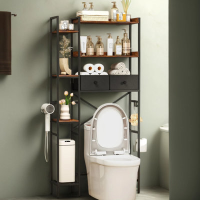 Étagère de rangement au-dessus de la toilette avec tiroir, organisateur de salle de bain autoportant avec 4 tablettes latérales réglables, support d'économie d'espace avec crochets et supports pour la salle de lavage et la cuisine