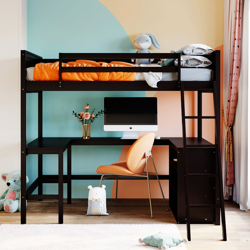 Lit mezzanine en bois avec bureau, construction solide pour une maison confortable. Pin artisanal. Créez une chambre à coucher fonctionnelle et élégante