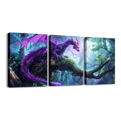 Dragon Canvas Wall Art Set Of 3 Pieces, Purple Dragon Trees Wall Decor Prints Home Artwork For Living Room Bedroom Decorative, Fairy Tale Animal Theme Wall Hanging, Kids Room Decor 12X16 Inch