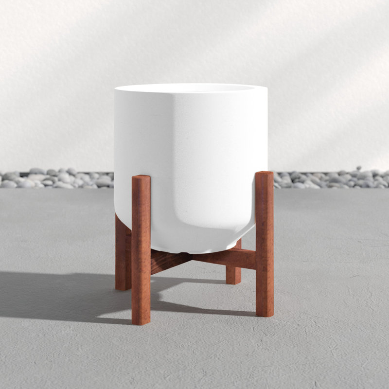 Pot Planter, White/Walnut, 18.5" H x 16.4" W x 16.4" D