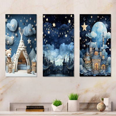 «Child Nursery Starry Night I», ensemble de 3 reproductions d'art sur toile