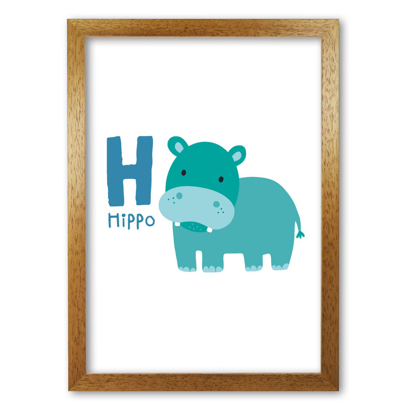 Alphabet Animals, H Is For Hippo - Single Picture Frame Print, 30 cm H x 21 cm W x 5 cm D, Honey Oak Frame