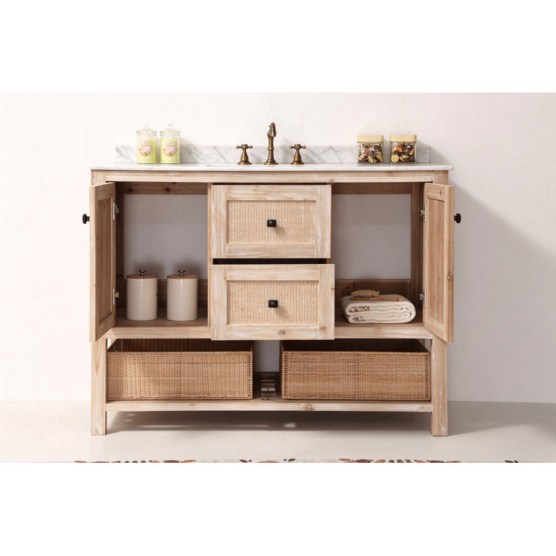 48" Freestanding Solid Wood White-Washed Single Bathroom Vanity with Carrara White Marble Top