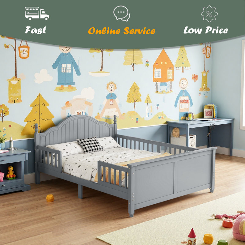 Bed For Kids, Wood Platform Bed With Headboard And Footboard, Grey, Full