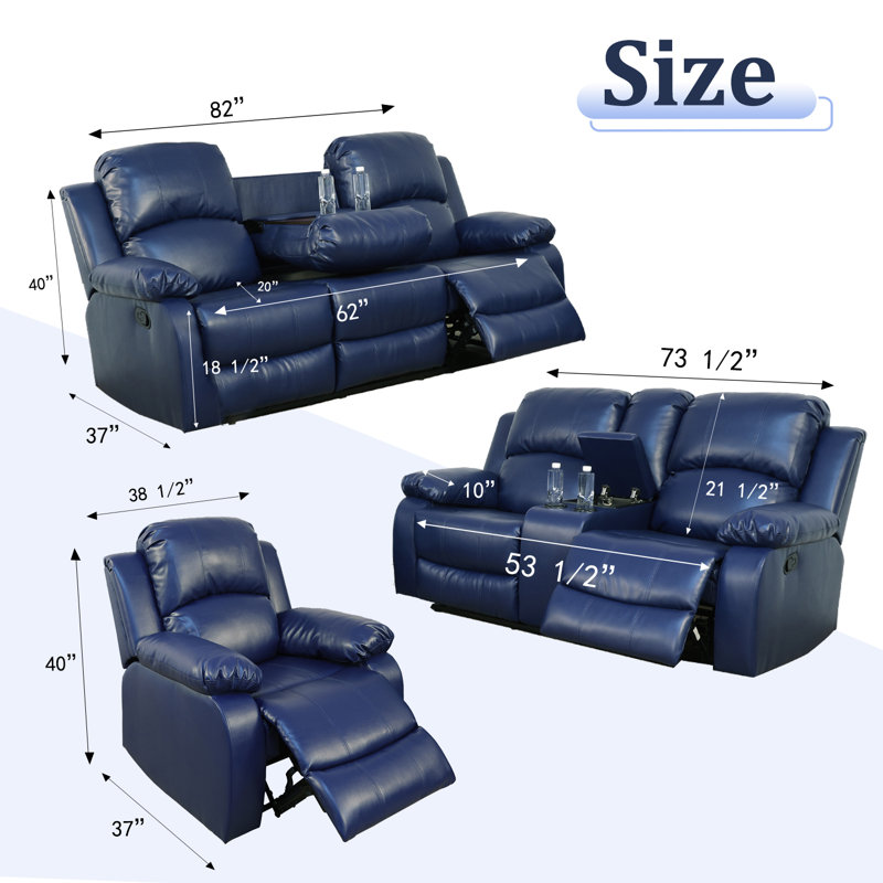 Ensemble de salon inclinable manuel en similicuir 3 pièces, Similicuir bleu